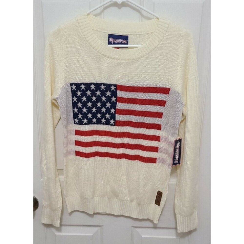 NEW Tipsy Elves Pullover L/S Knit Sweater USA American Flag Patriotic Cream Sz S
